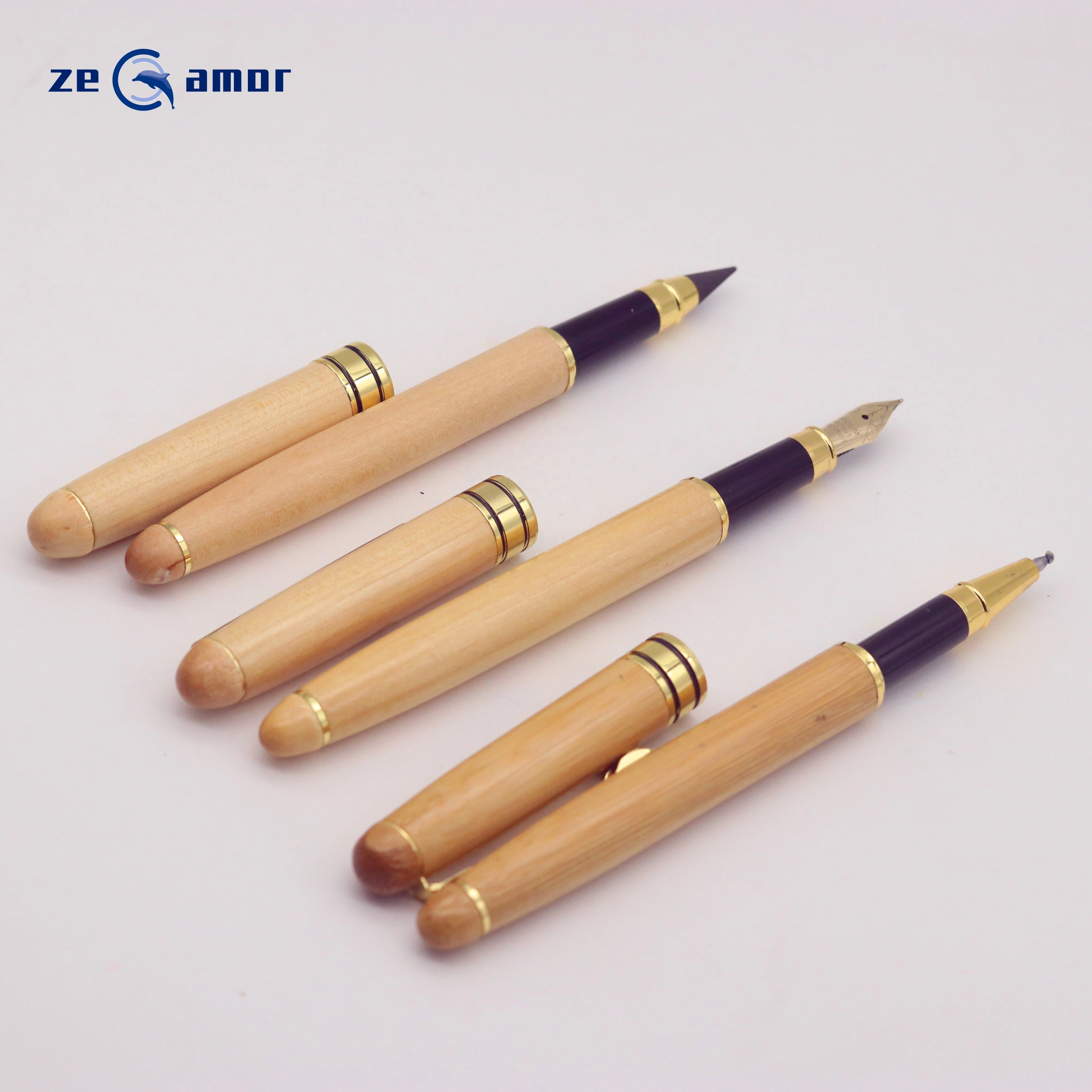 Zeamor Lapiz Bamboo And Wood Fountain Ball Point Roller Gel Gift Pen With Customized Logo Box