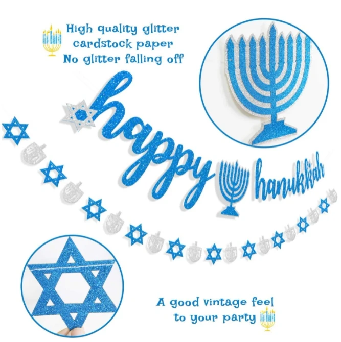 Custom Happy Hanukkah Candlestick Hexagonal star Paper/Felt Banners and flags garland for Jewish New Year Festival Party Decor