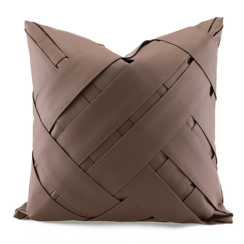 Modern Simplicity Light Luxury Brown Color Slant PU Leather Weaving Throw Cushion Cover 18x18 Inch Handmade Pillow Case For Sofa