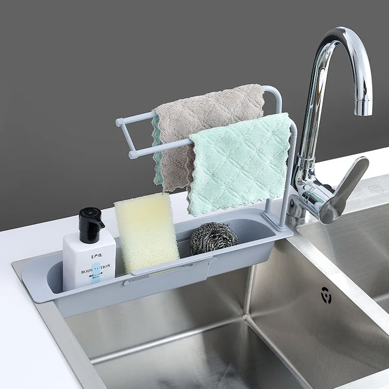 Kitchen Sink Dish Drying Rack Drain Basket Sponge Holder Kitchen Rack Strainer Shelf Adjustable Extendable Storage Basket