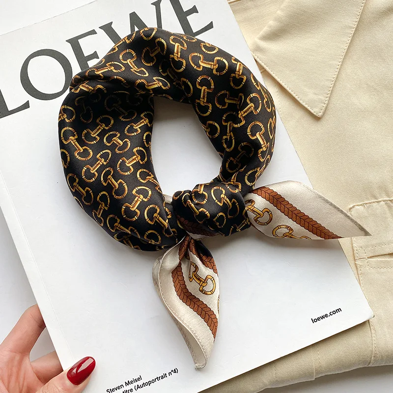 New light luxury fashion chain print small square hair bandanas 100% silk square scarf ladies 53cm mulberry silk neckerchief