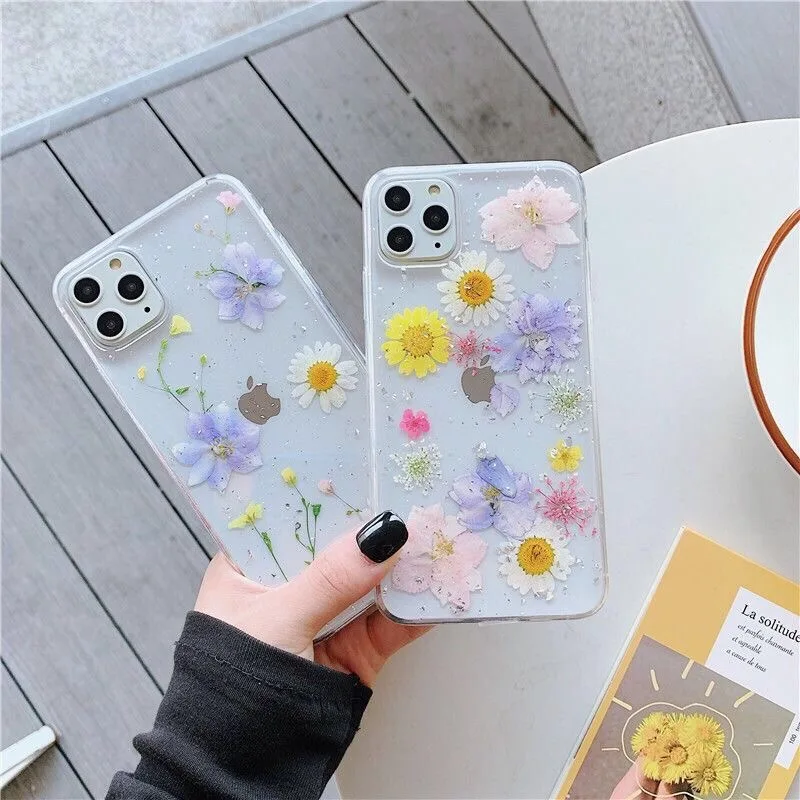 Sparkly 3D Dry Real Flower PC TPU Case Glitter Epoxy Pressed Flower  Girl  Phone Case For iPhone 13 12 11 Pro Max
