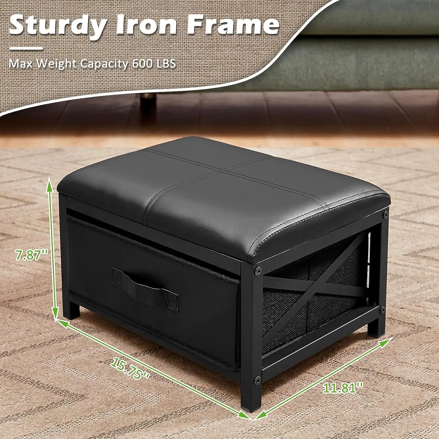 Small Foot Stool, Faux Leather Foot Rest Stool with Storage, Foot Stools Ottoman for Living Room Bedroom Entryway, Black