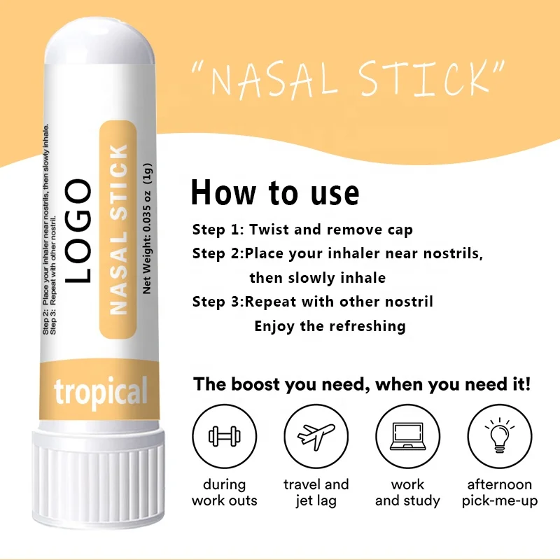 Private Label Nasal Stick (3 Pack) Enhances Breathing Aromatherapy Inhaler Made with Essential Oils + Menthol (Tropical)
