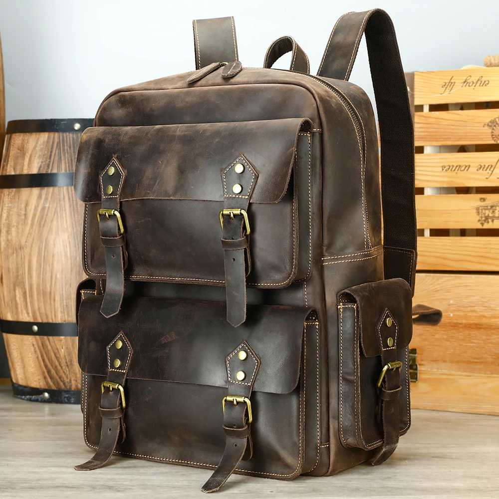 MARRANT Handmade Crazy Horse Genuine Leather Travel Backpack Large Capacity Backpack 16 inch Laptop Bag Men Leather Backpack
