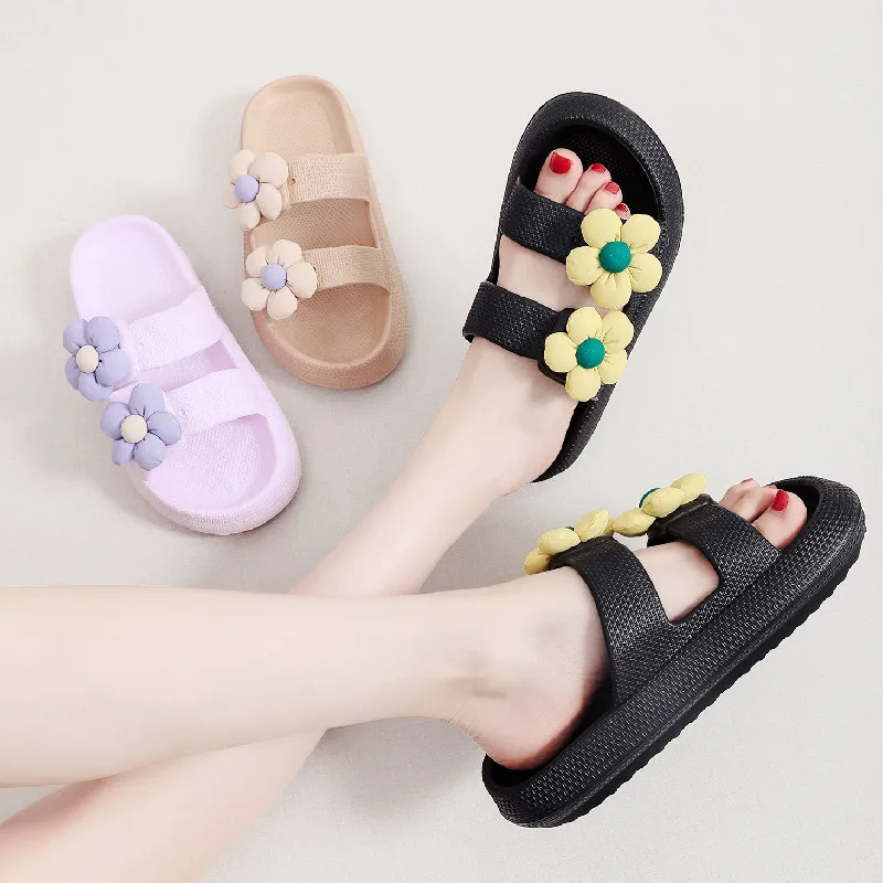 New double row flower slippers wholesale slippers home indoor thick sole soft bath indoor open toe flip-flops