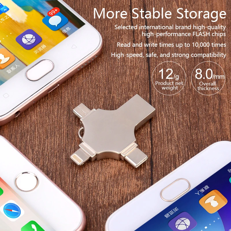 KISSIN Custom LOGO Cloud Storage USB 8GB 16GB 32GB 64GB 4 In 1 Pendrive 3.0 2.0 Flash Memory OTG USB Flash Drive