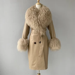 Wholesale Double Breasted Real Sheepskin Coat Mongolian Fur Collar Autumn Lapel Trench Genuine Leather Coats with Fur for Ladies