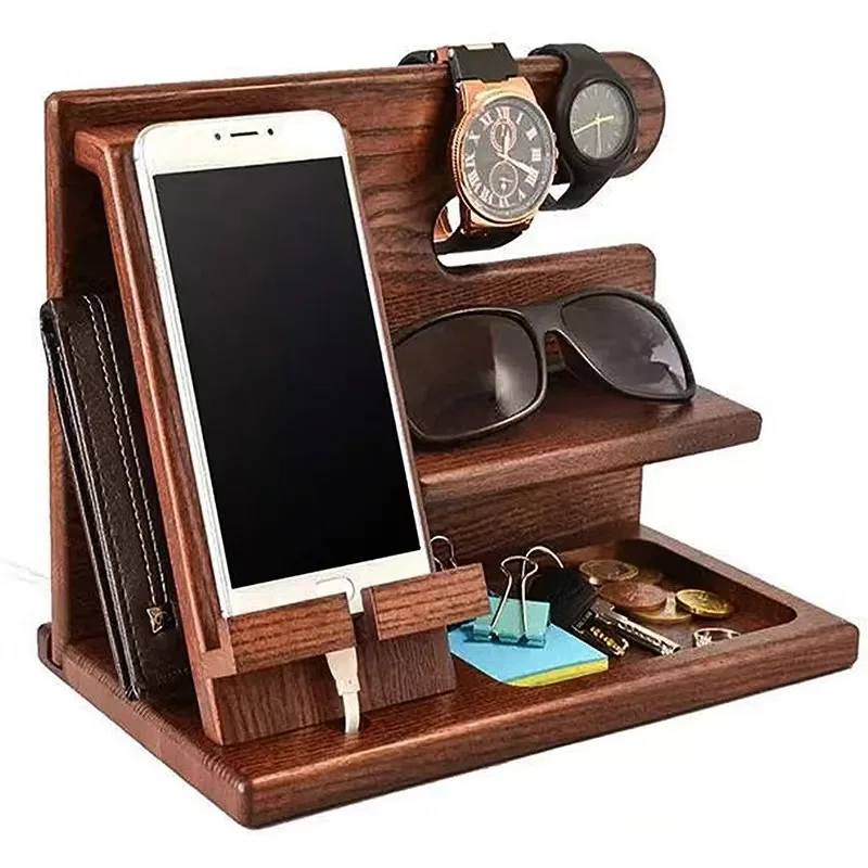 Wood Phone Docking Station with Separate Phone Stand, Mothers, Mens Desk Nightstand Organizer with Watch Key Holder Stand