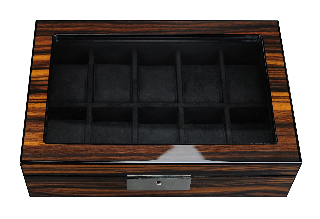 Luxury and Handmade 10 Slots High Gloss Wooden Watch Display Box with Key Lock Set and Window for Watch Collectors