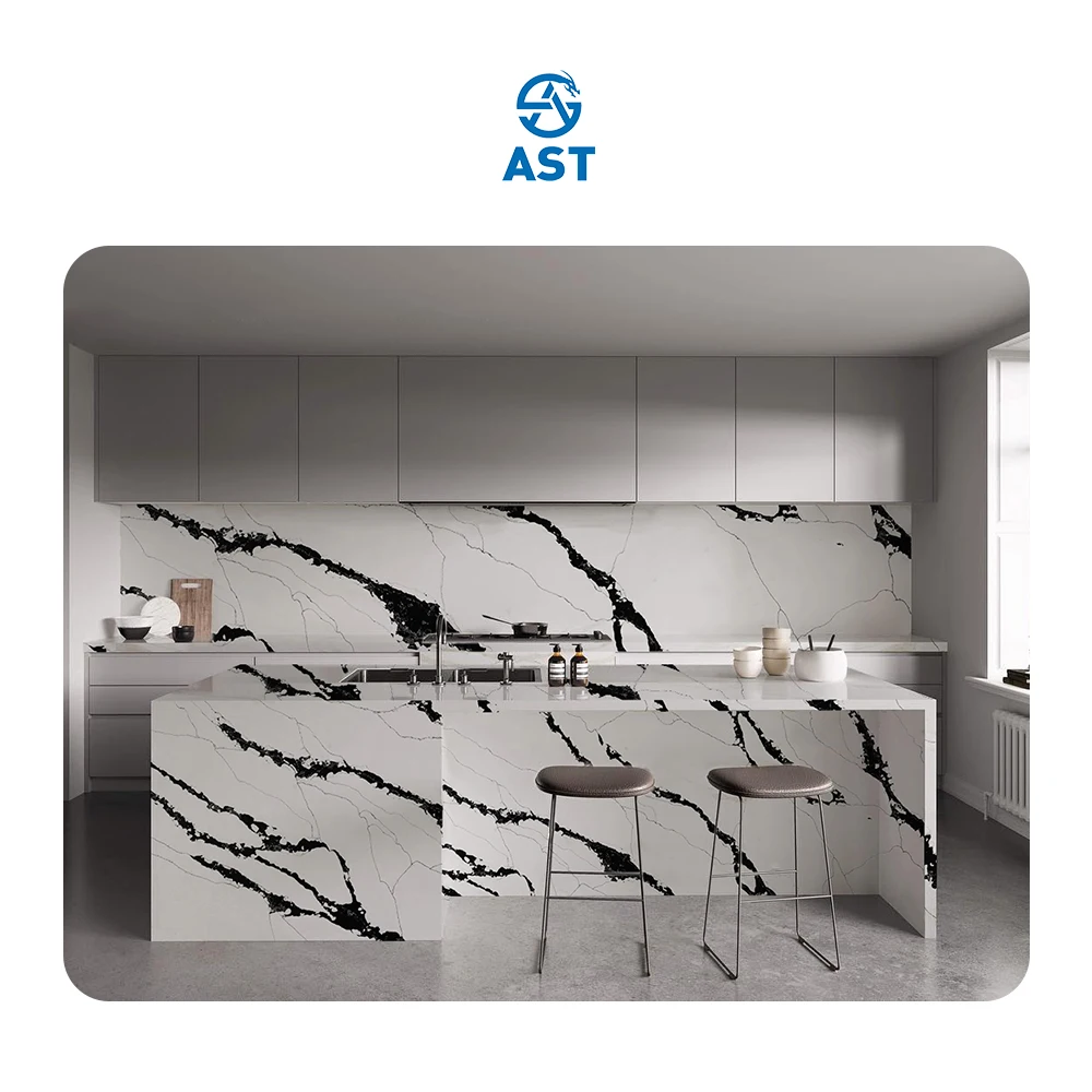 AST OEM/ODM Quartzo New Artificial Stone Black White Calacatta Quartz for Kitchen and Bathroom Countertops with High Quality