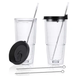 Прозрачные изолированные тумбы 24 унции, пластиковые стаканы с двойной стенкой и черной крышкой, большая емкость для горячих и холодных напитков