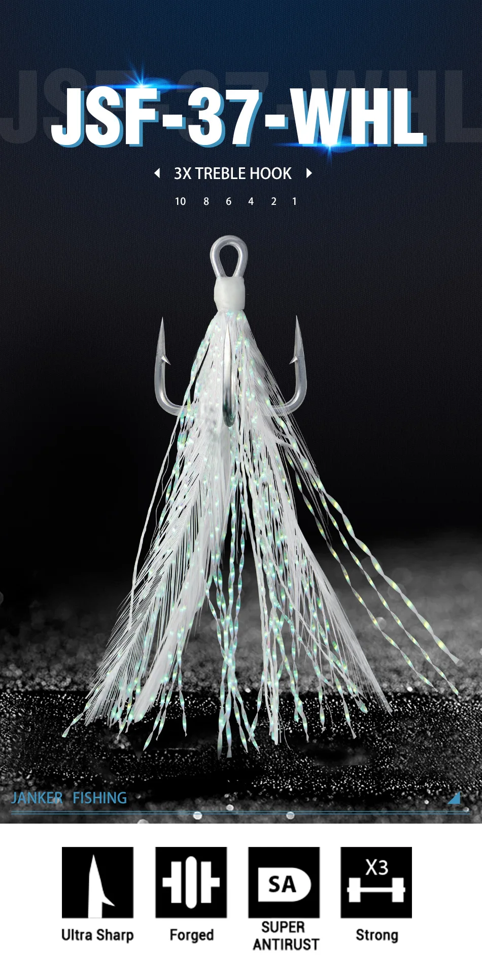 CASTSOON WHL Barbed Tripe Saltwater Luminous 3x Strong High Carbon Steel Feather Treble Fishing Hook