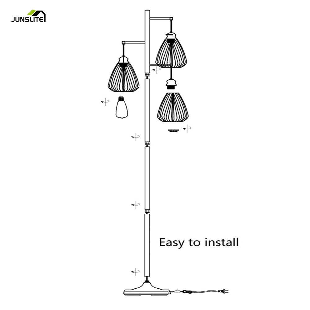 3 -shade farmhouse floor lamp  sofa beside  3 hanging lampshades industrial standing lamp