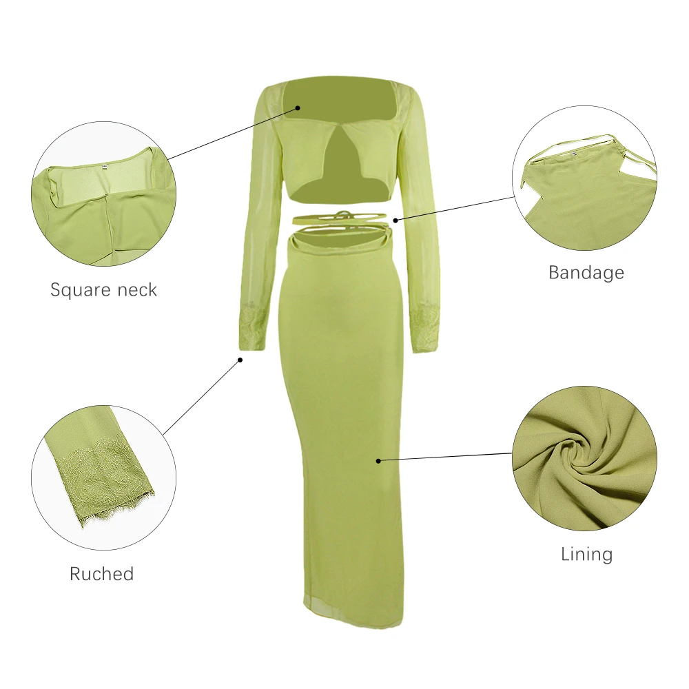 Женский двухслойный шифоновый комплект из двух предметов, соблазнительный полупрозрачный укороченный топ зеленого цвета с длинным рукавом и завязками, вечерние платья