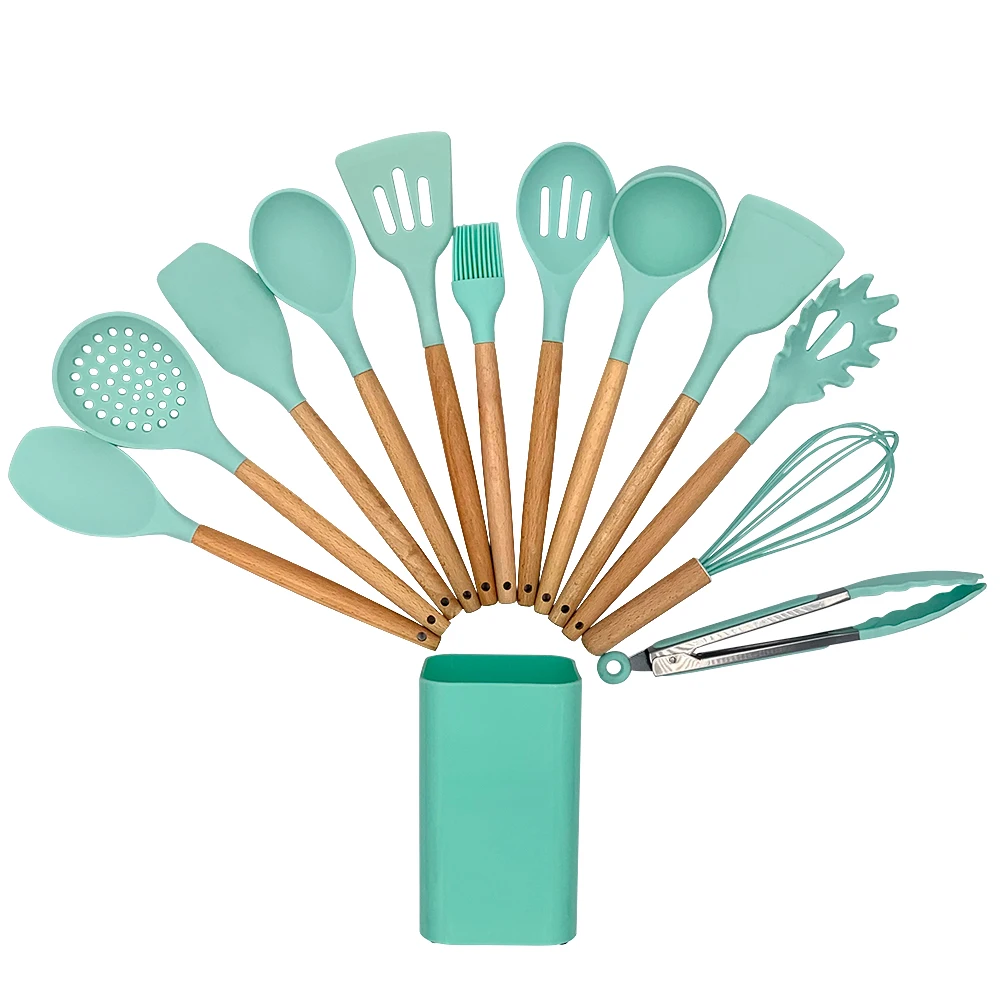 2021 Low Moq 13 Pieces In 1 Set Heat-resistant Kitchen Cooking Accessories Tools Silicone Utensil Set With Wooden Handle