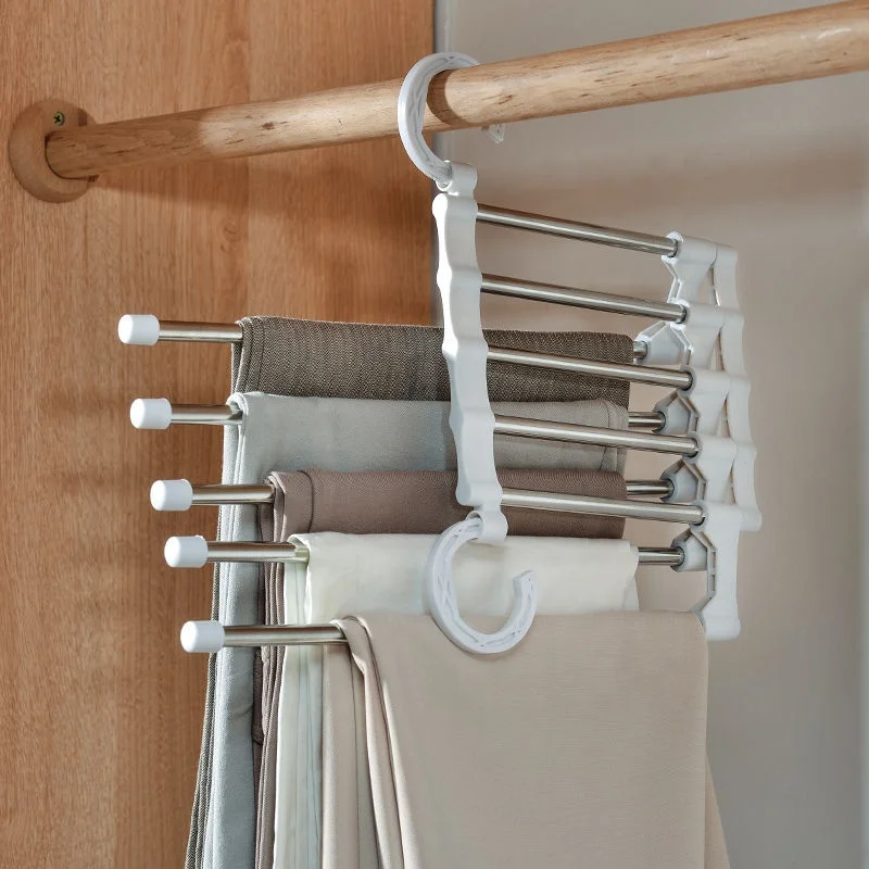 Newest hot sale wardrobe multi-functional 5 in 1 pant rack shelves plastic metal stainless steel magic hangers