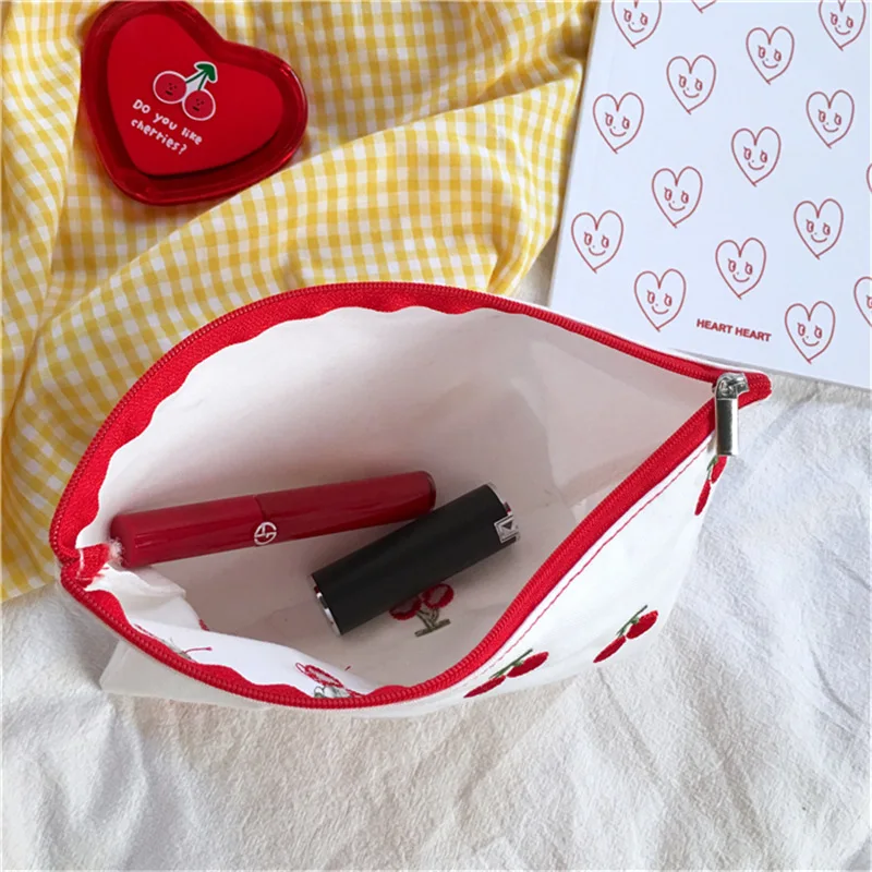 Женская хлопковая холщовая косметическая сумка на молнии с вышивкой фруктов и вишни для девочек