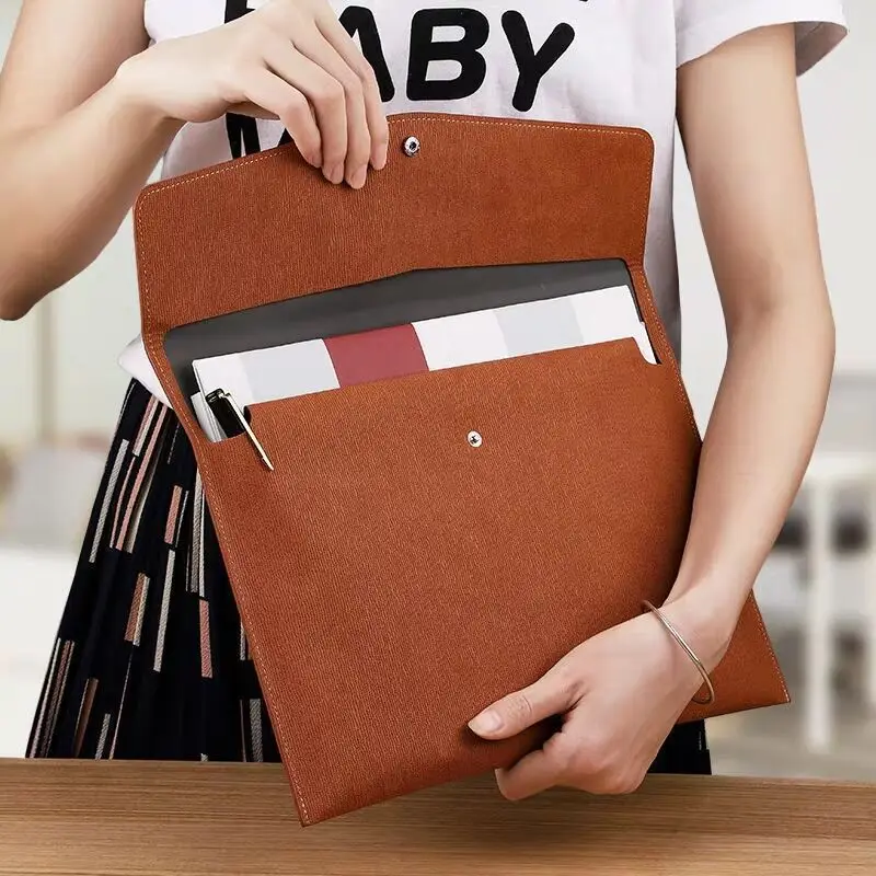 Wholesale pu Leather Envelope A4  A4 Snap Button File Holder Storage Bag Paper Document File Folder Pocket Briefcases