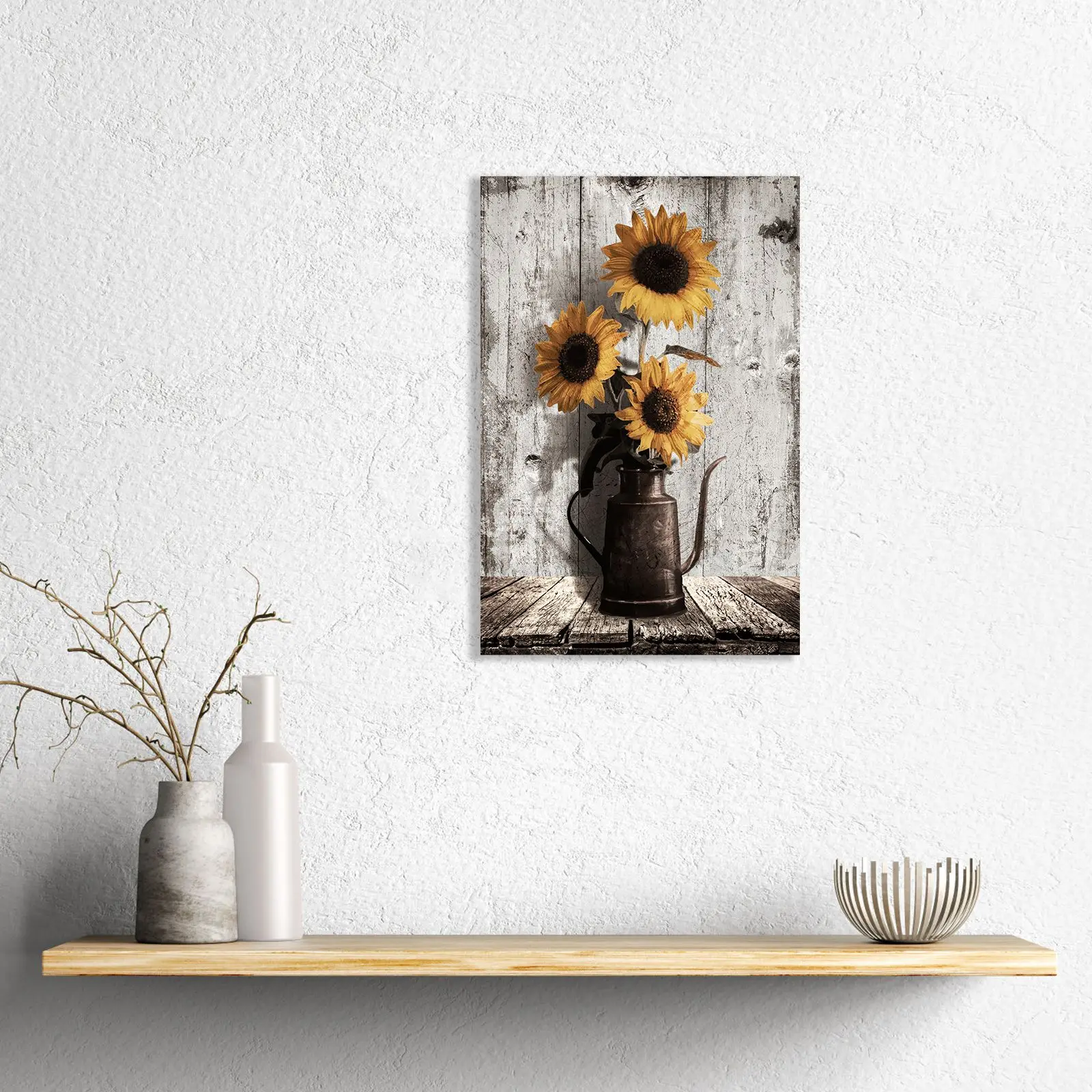 Wood Grain Framed Rustic Farmhouse Yellow Flower Acrylic Painting of Sunflower