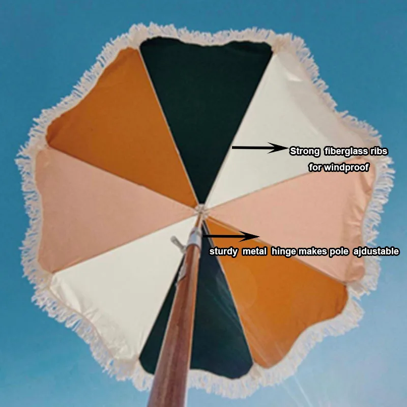 Custom Wholesale 6ft 6.5ft Outdoor Premium Fringed Travel Sun Parasol Wooden Pole Canvas RPET Garden Beach Umbrella with Tassels