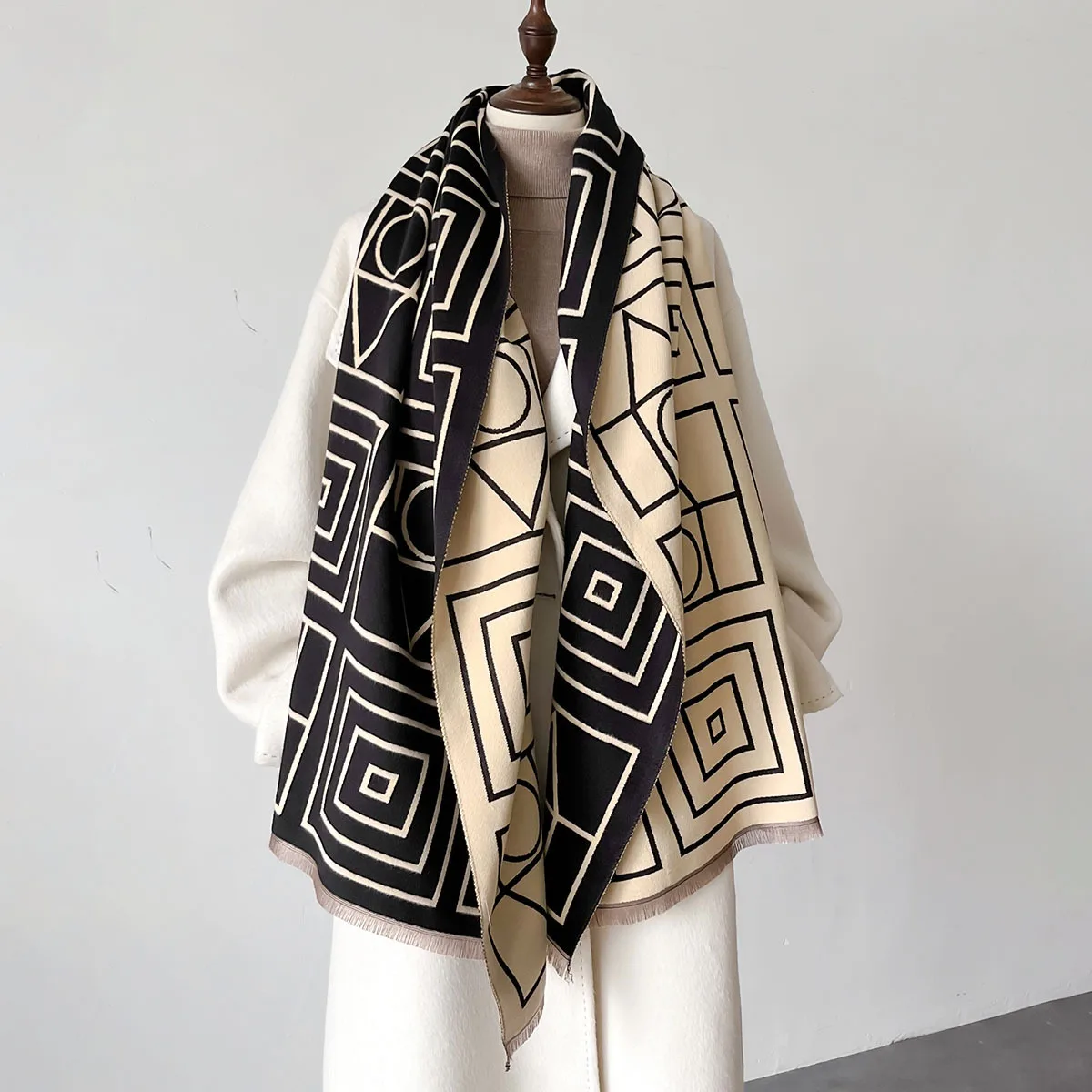 Thick Warm Double Side Pashmina Shawls Scarf For Women Female Blanket Wraps Geometric Pattern Jacquard Cashmere Winter Scarfs
