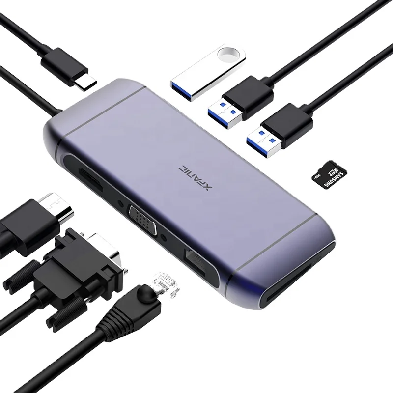 
Aluminum Multi Function USB3.0 Type-C Hub 9 in 1 HDMI 4k@30HZ VGA RJ45 USB-C docking laptop station 