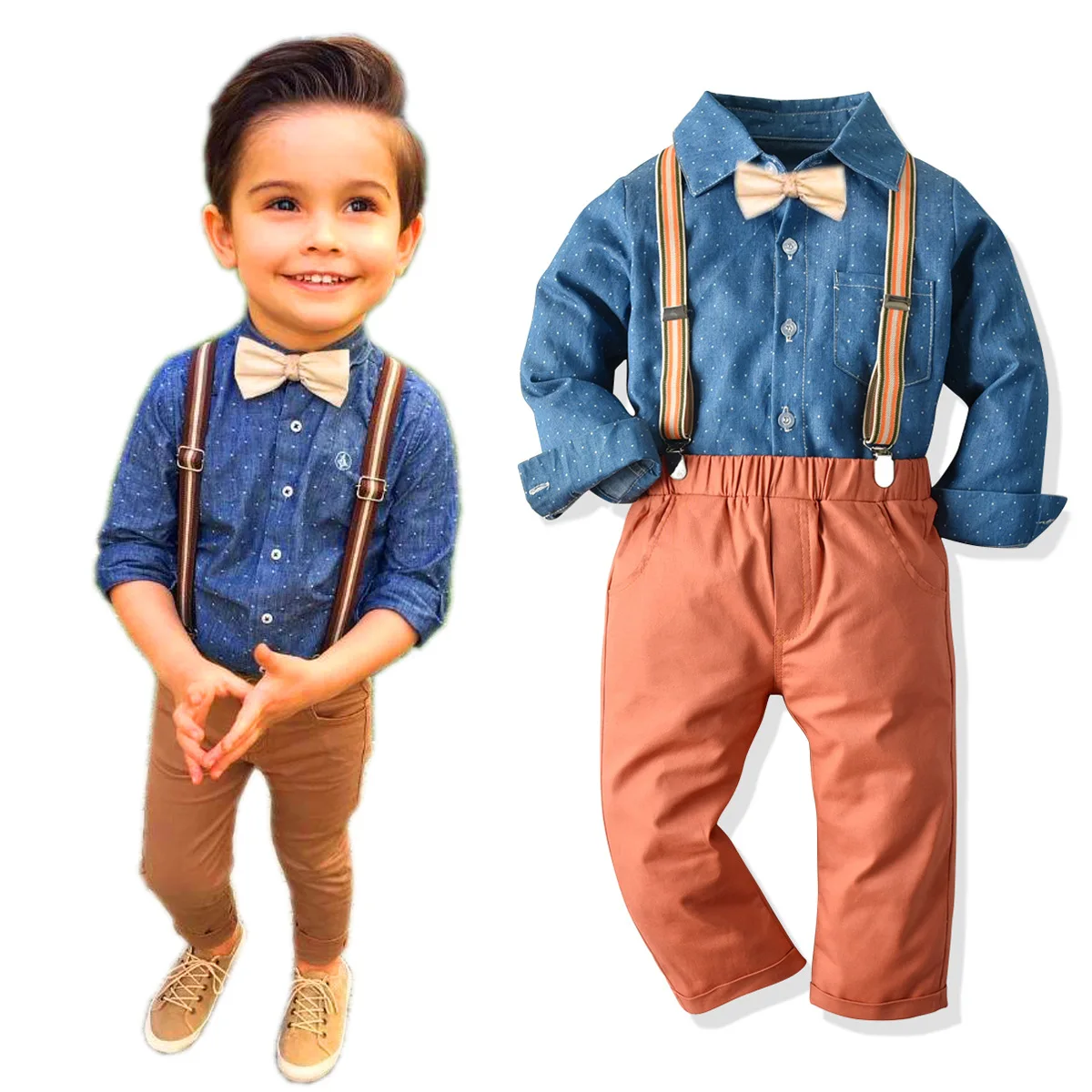 
Kids Boys Clothes Boy Summer Clothing Sets Long Sleeves Print Dots Shirt+Red Trousers Suits Children Clothing 