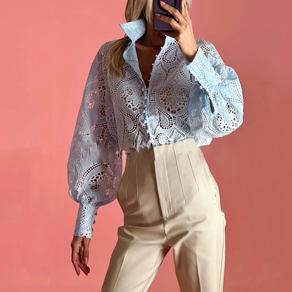 TWOTWINSTYLE 2024 Summer New Arrival Advanced Fabric Unlined Hollow Perspective Long Sleeve Sexy Blouse