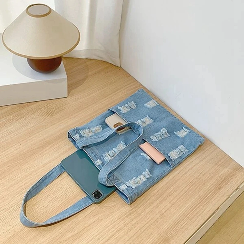 Eco-friendly Big Supermarket Handbags Reusable Grocery Daily Casual Denim Jeans Shopping Bag