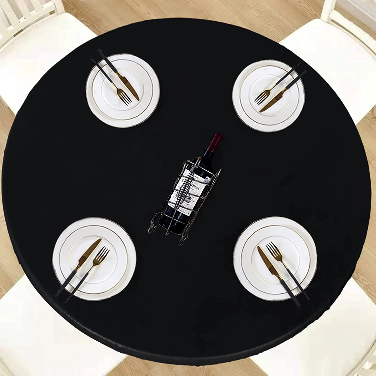 Round Vinyl Fitted Tablecloth with Flannel Backing Elastic Edge Design Table Cover Waterproof Oil-Proof PVC Table Cloth