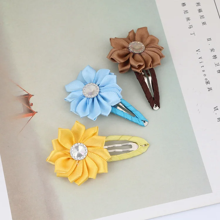 Satin Ribbon Flowers with Rhinestone for Hair Accessories