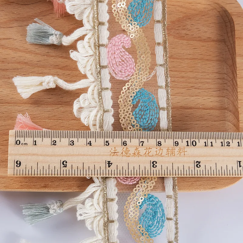 Width 6-9 CM Cotton sequins ethnic pom pom trim Colorful Metallic ball broom fringe Tassel lace For curtain Garment Accessories