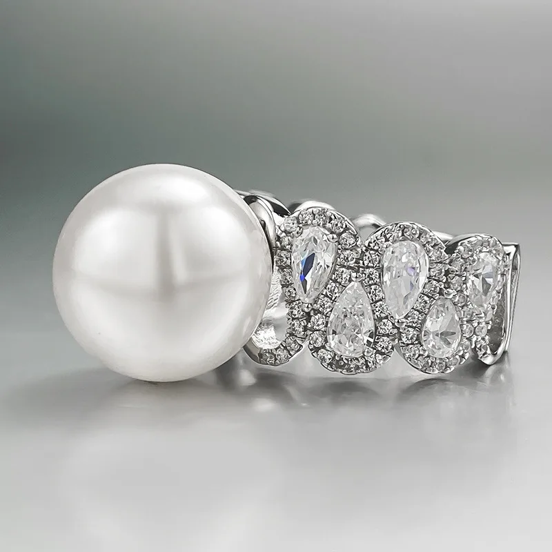 New 925 Silver Ring, Female Designer 14mm Pearl Ring with Luxury Inlaid Ring, Wedding Jewelry Wholesale