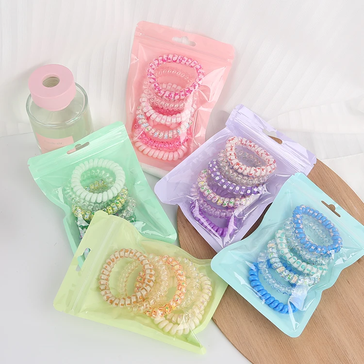 Candy Color 5Pcs Transparent Elastic Plastic Spiral Hair Ties Set Women Ponytail No Crease Coil Phone Cord Hair Scrunchy