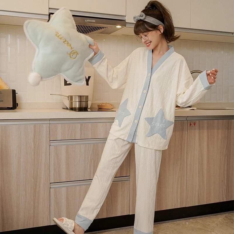Supplier jersey Printed Leisure cotton Long sleeve Sleepwear set women daily lovely cartoon Cardigan Pajamas suit