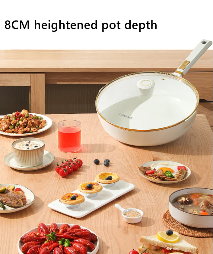 Ceramic Nonstick White Deep Frying Pan Skillet with Lid 24/28/30cm