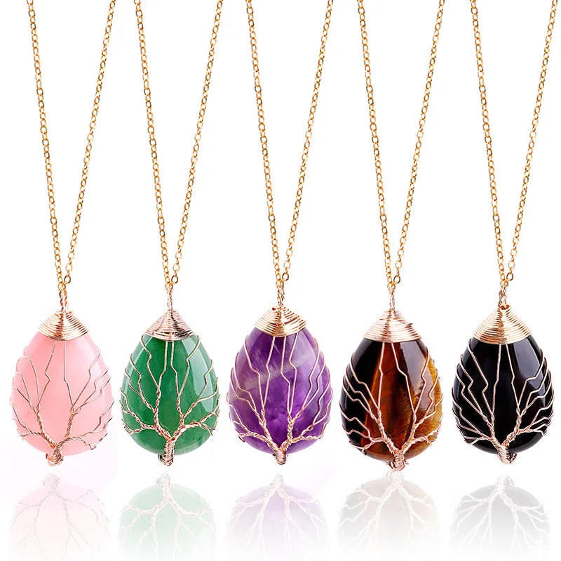 Tree Of Life Wire Wrap Gemstone Necklace Natural Quartz Stone Pendant Crystal Stone Necklaces