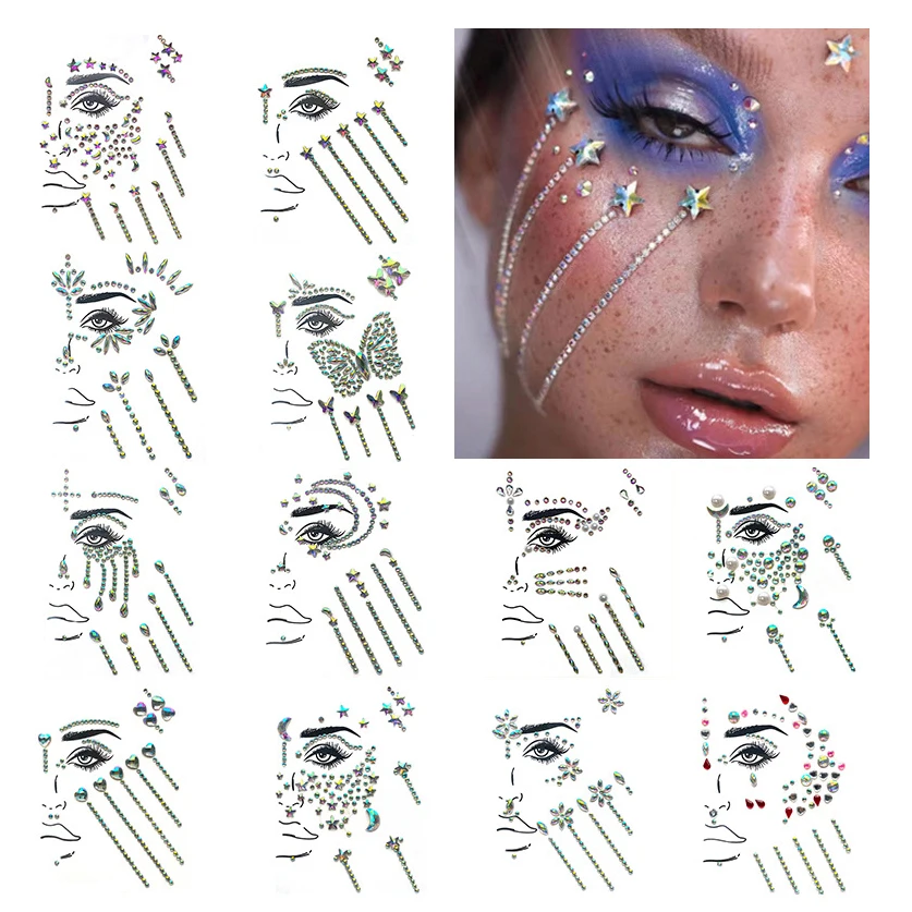 Mermaid Gem Glitter Rhinestone Shiny Diamond Rave Festival Face Jewels Crystals Halloween Eyes Temporary Tattoos Stickers