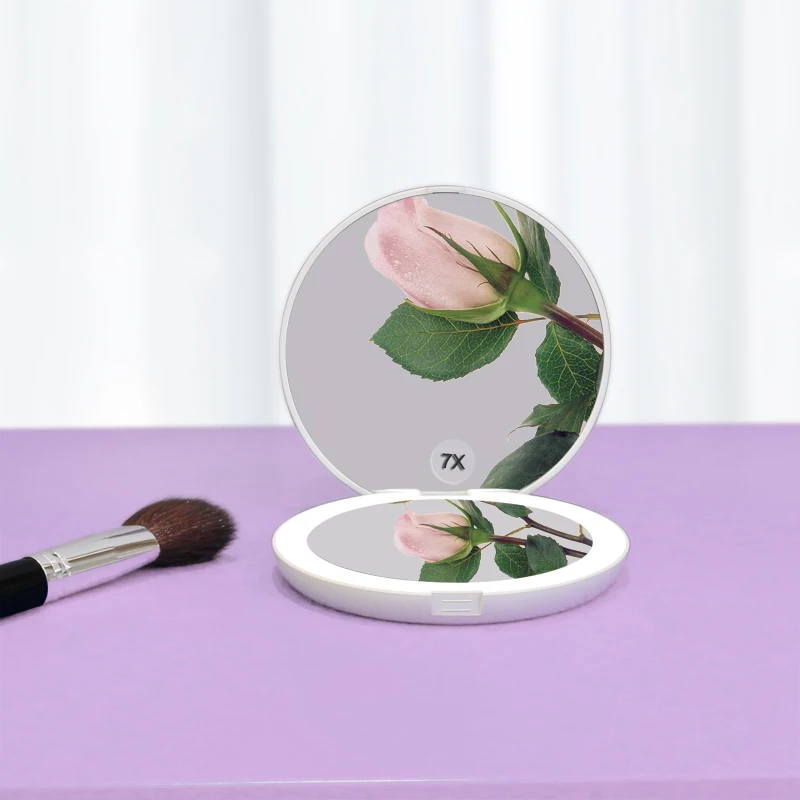 Promotional Custom Cute Round Rechargeable USB Mini Size Hand Cosmetic Led Pocket Mirror With Light