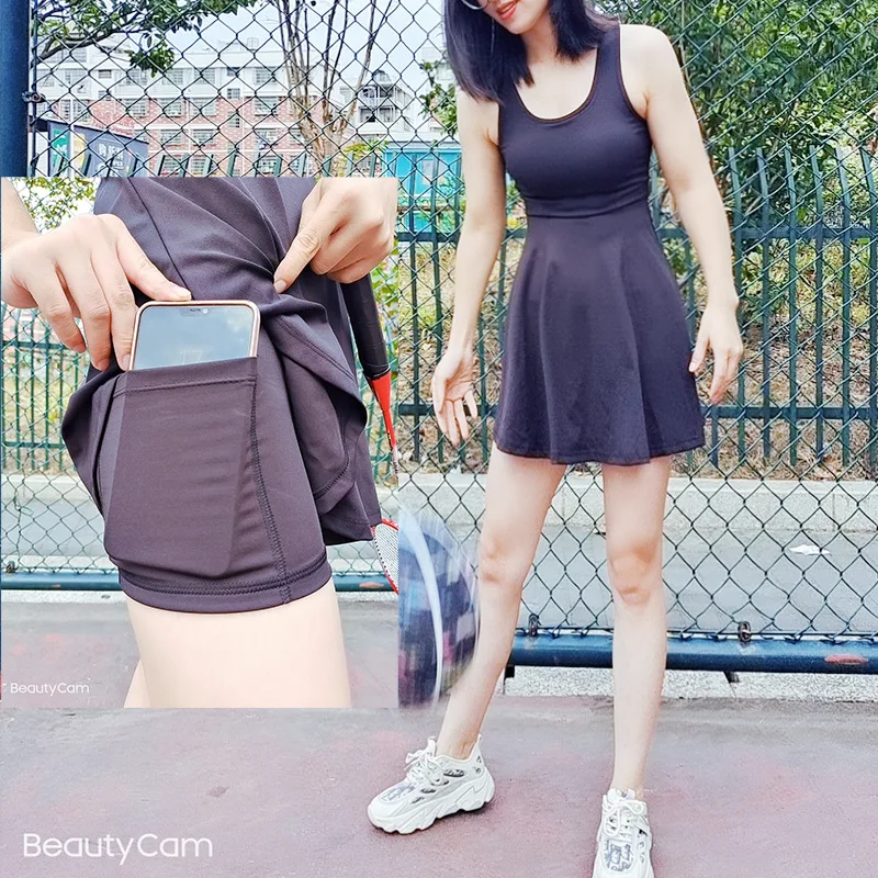 Women Exercise Dress with Detachable Shorts Built-in Bra Workout Dress Mesh Tennis Golf Athletic Dress Pockets Sport Clothing