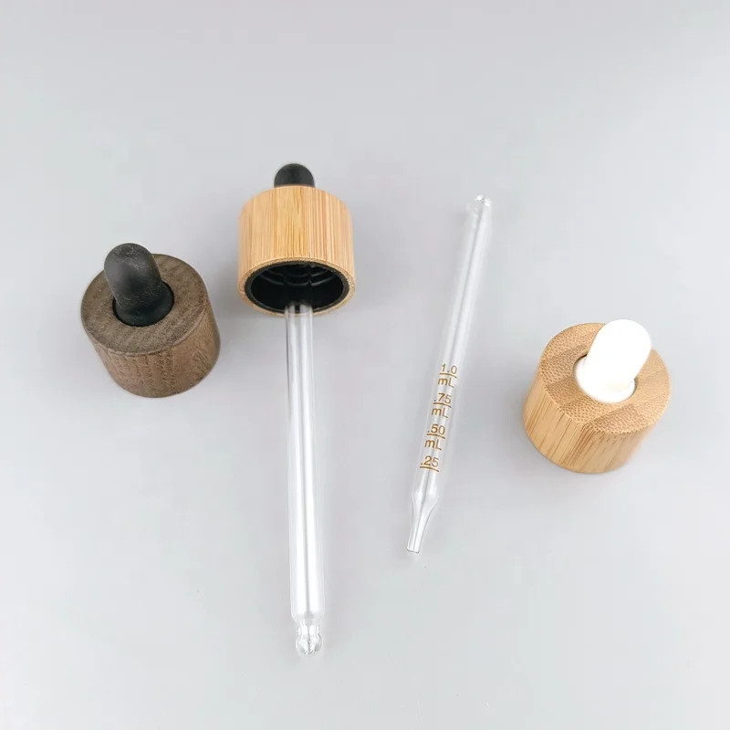 bamboo dropper cap 24 mm cosmetic dropper 24/410 wooden cap with glass pipette for essential oil packaging
