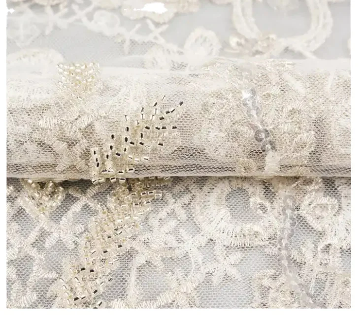 Good Quality African Floral Design White  Tulle Lace Fabric luxury Mesh Elegant Wedding Dress Crystal Lace Fabric