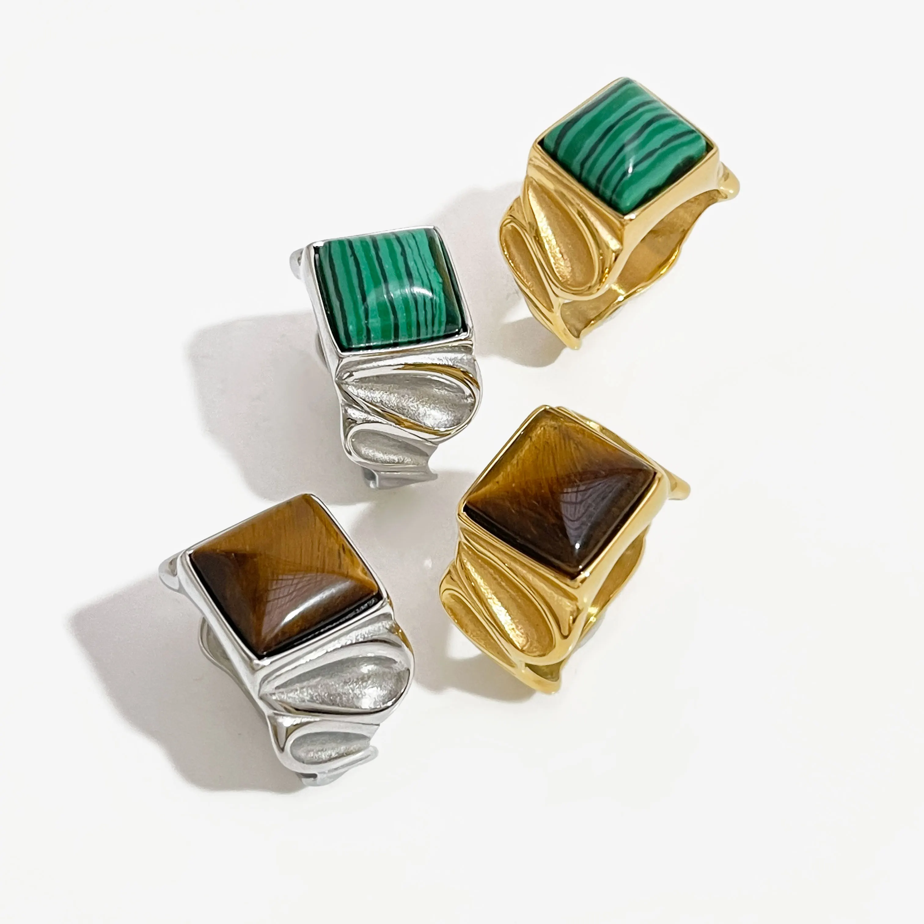 Chunky Stainless Steel Square Tiger Eye Malachite Wrinkle Finger Ring Women Gold Silver Color Natural Gem Stone Anillo Jewellery