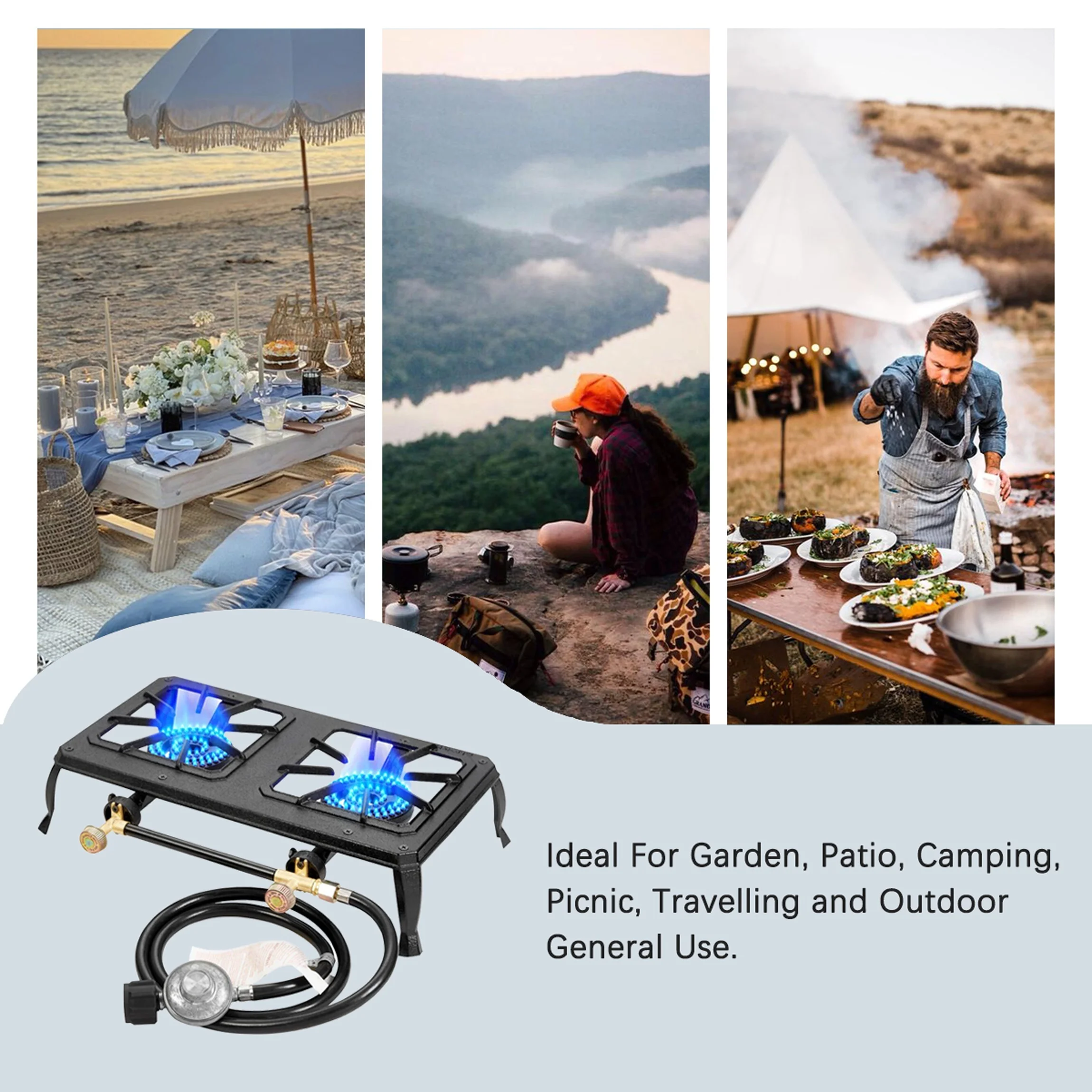 Portable Double Burner Cast Iron Camping Stove  Listed Regulator Gas Hose Outdoor BBQ Camping Cooking 2 Burner stove