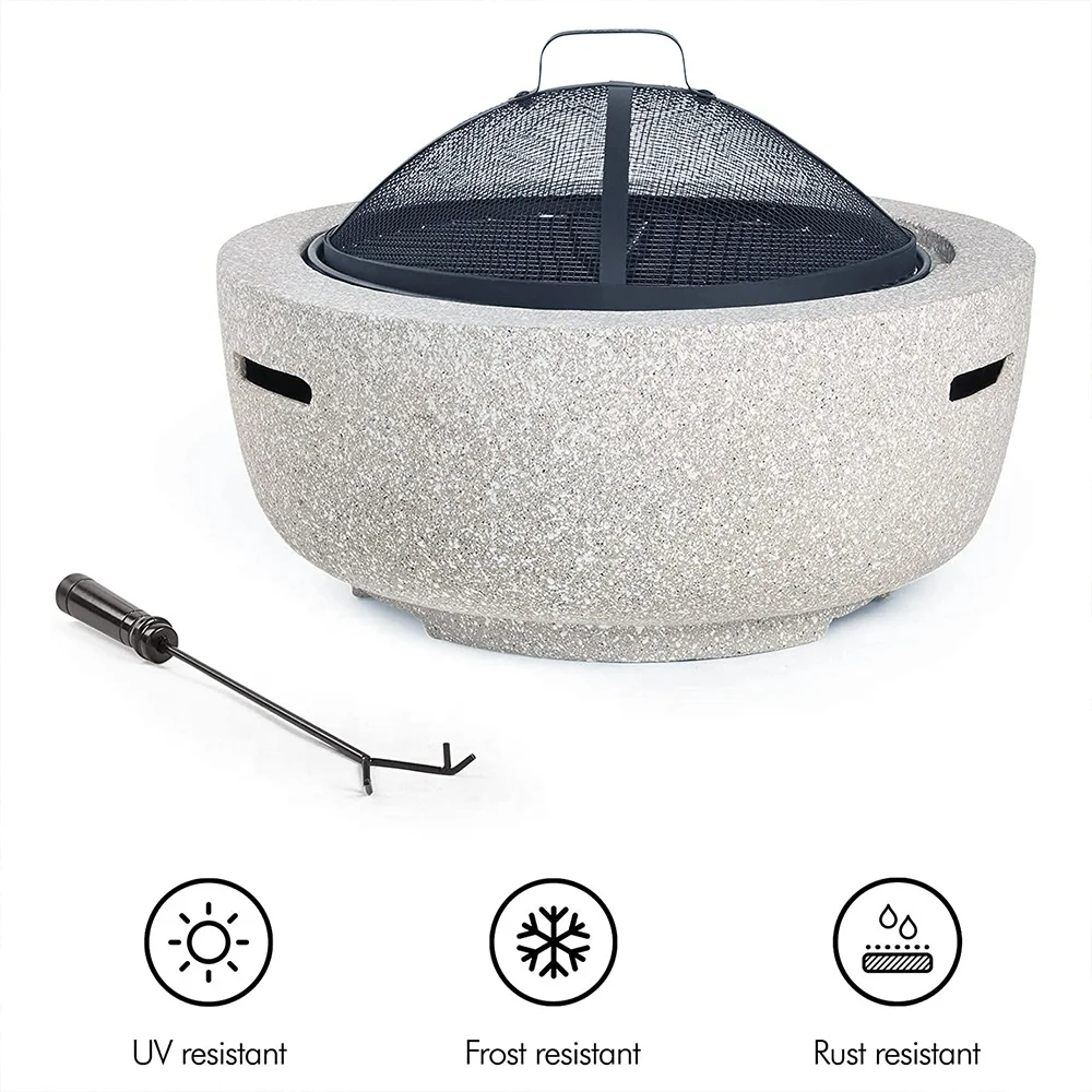 
Outdoor Patio Heater Wood Fired Round MgO Fire Pit Bowl with BBQ Grill Rack 