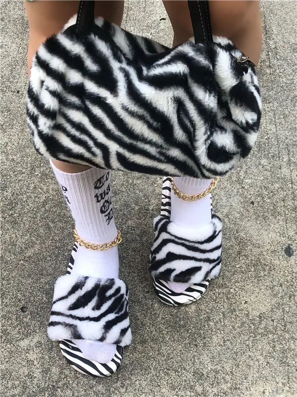 American Popular Fur Design Women Handbag Match Shoes Set Zebra Pattern Bags Purse With Slippers