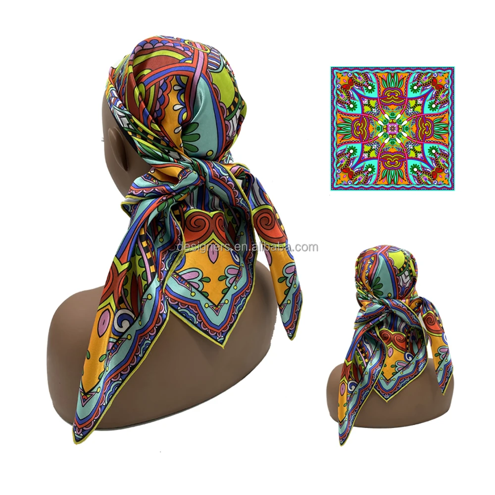 Custom print logo stylish long scarves square polyester silk satin designer head scarf for women