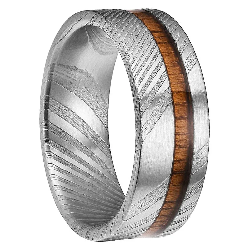 Custom 8mm Flat Band Offset Koa Wood Damascus Steel Mens Wedding Engagement Ring Special Gift for Father Bestfriend