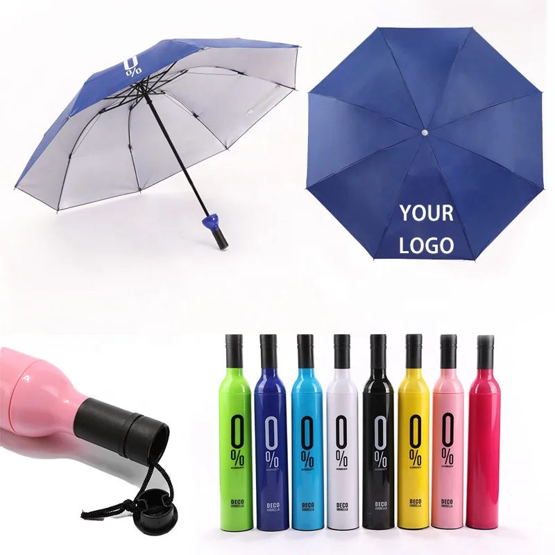 Promotional Cheap Price Gifts Customized Logo Manual Open UV Travel Rainy Sunny 3 Folding Wine Shape Bottle Umbrella with logo